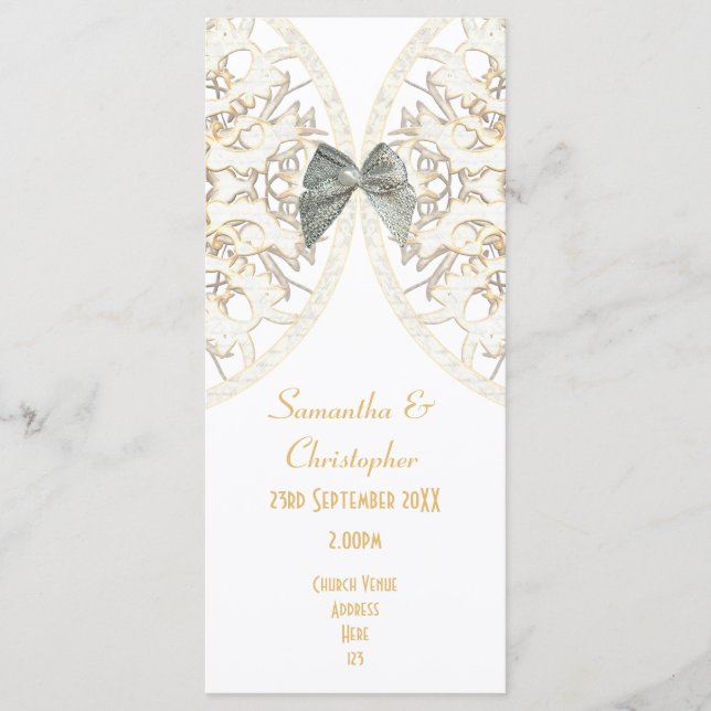 Luxury white lace damask church wedding program programme (Front)