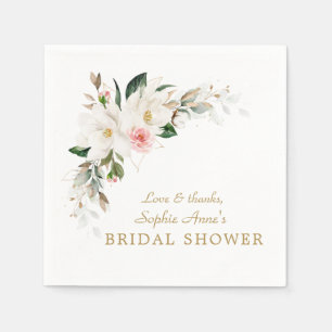 Luxury White Magnolia Pink Floral Bridal Shower Napkin