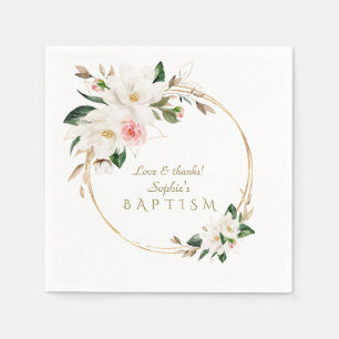 Luxury White Magnolia Pink Floral Gold Baptism  Napkin