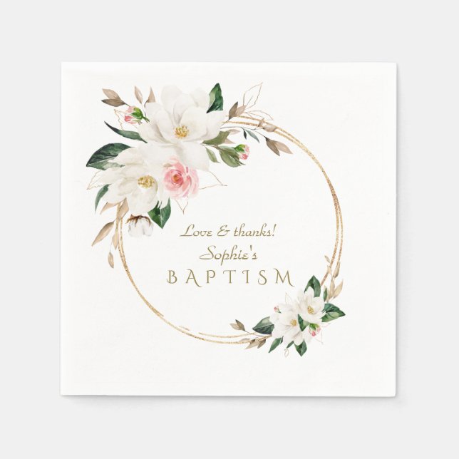 Luxury White Magnolia Pink Floral Gold Baptism  Napkin (Front)