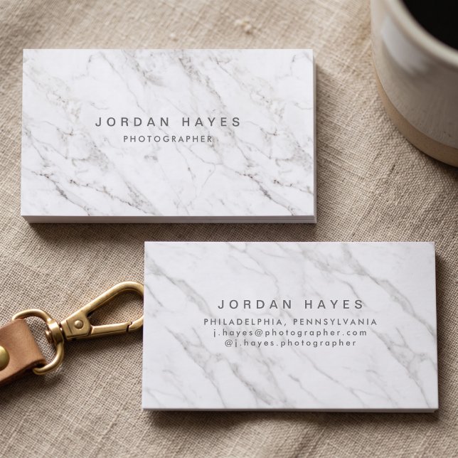 Luxury White Marble Business Card (Simulated business cards on table)