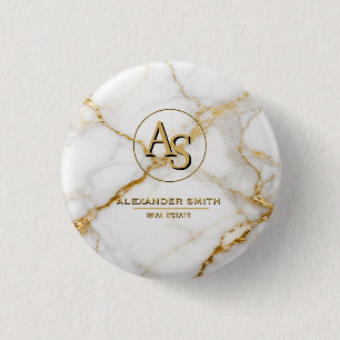 Luxury White Marble Gold Monogram Real Estate 3 Cm Round Badge