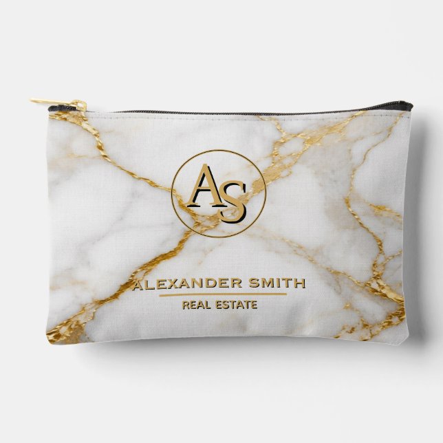 Luxury White Marble Gold Monogram Real Estate  Accessory Pouch (Front)