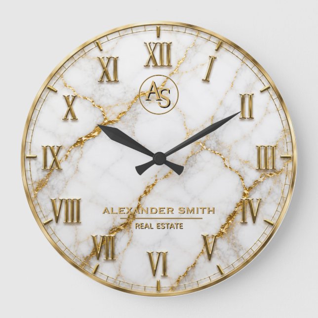 Luxury White Marble Gold Monogram Real Estate  Large Clock (Front)