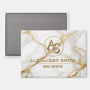 Luxury White Marble Gold Monogram Real Estate Magnet