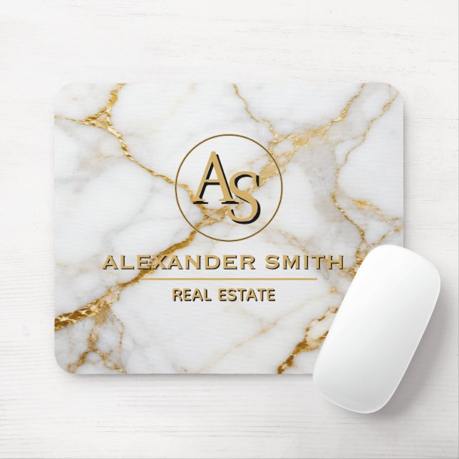 Luxury White Marble Gold Monogram Real Estate  Mouse Pad (With Mouse)