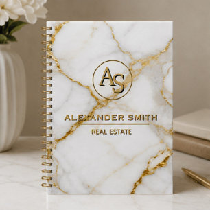 Luxury White Marble Gold Monogram Real Estate Notebook