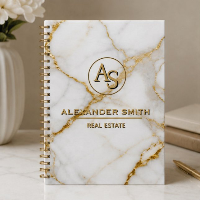Luxury White Marble Gold Monogram Real Estate  Notebook (Creator Uploaded)