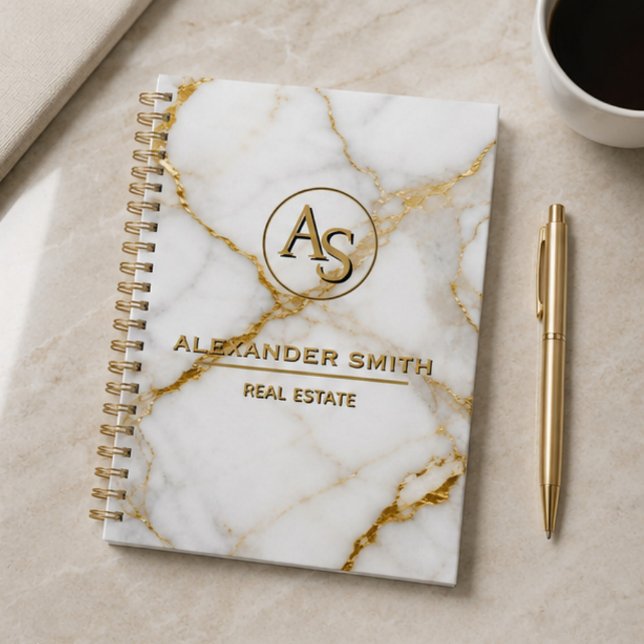 Luxury White Marble Gold Monogram Real Estate  Planner (Creator Uploaded)