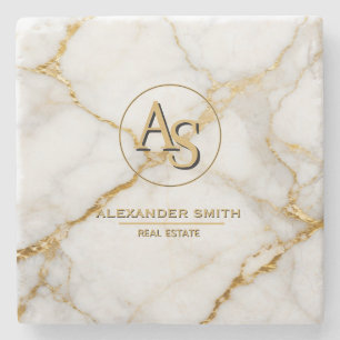 Luxury White Marble Gold Monogram Real Estate  Stone Coaster