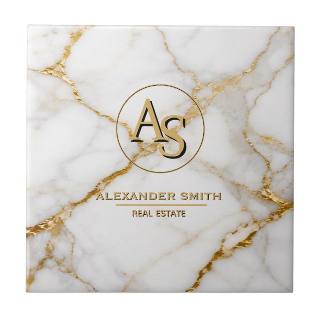 Luxury White Marble Gold Monogram Real Estate  Tile (Front)