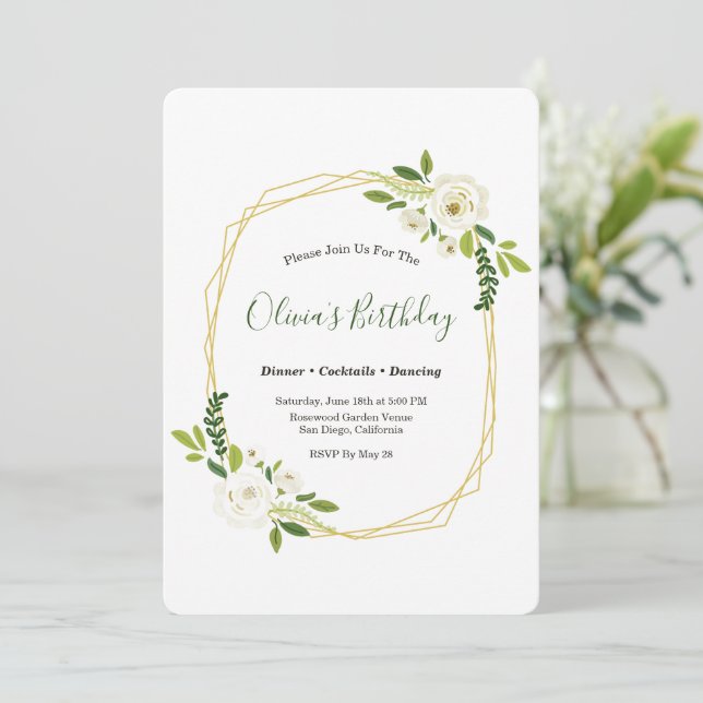 Luxury White Rose Floral Frame Invitation (Standing Front)