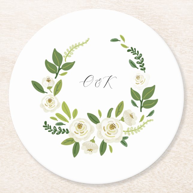 Luxury White Rose Floral Frame  Round Paper Coaster (Front)