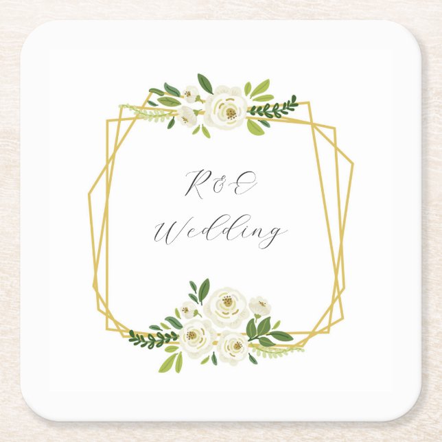 Luxury White Rose Floral Frame  Square Paper Coaster (Front)