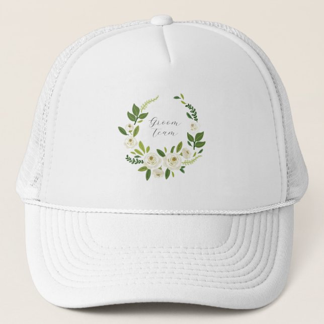Luxury White Rose Floral Frame  Trucker Hat (Front)