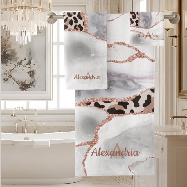 Luxury White Rose Gold Agate Leopard Print Bath Towel Set (Creator Uploaded)