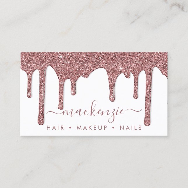 Luxury White Rose Gold Sparkle Glitter Drips Business Card (Front)
