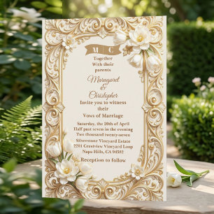 Luxury White Tulips Baroque Gold Florals Wedding  Invitation