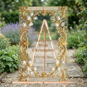 Luxury White Tulips Gold Baroque Wedding Welcome  Acrylic Sign