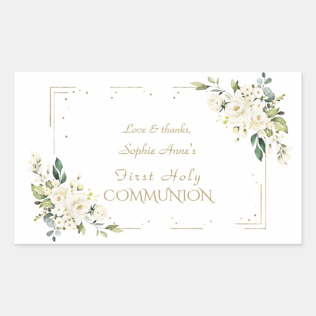 Luxury White Wild Roses First Holy Communion  Rectangular Sticker (Front)