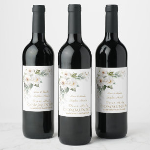 Luxury White Wild Roses First Holy Communion Wine Label
