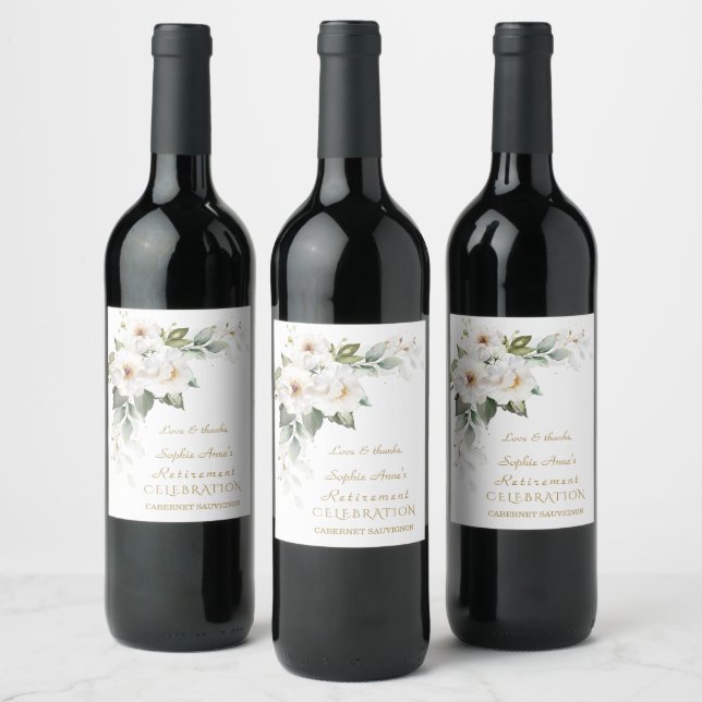 Luxury White Wild Roses Retirement Celebration Wine Label (Bottles)