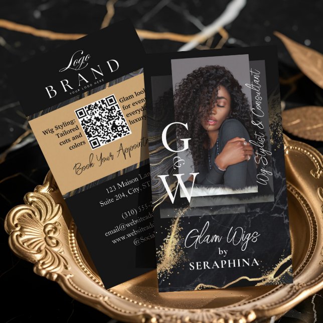 Luxury Wig Hair Stylist Salon Black Gold Agate Business Card (Luxury Wig Hair Stylist Salon Black Gold Agate Business Card)