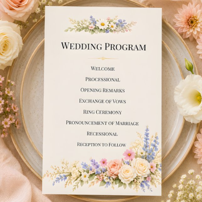 Luxury Wildflower Meadow With Romantic Florals (Part of the luxury wildflower meadow wedding theme collectiion, program card)