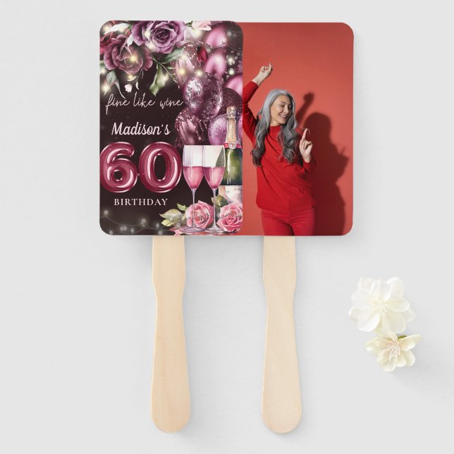 Luxury Wine 60th Birthday Photo Hand Fan (Front and Back)