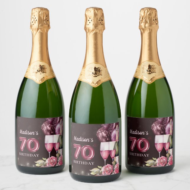 Luxury Wine & Balloons 70th Birthday Sparkling Wine Label (Bottles)