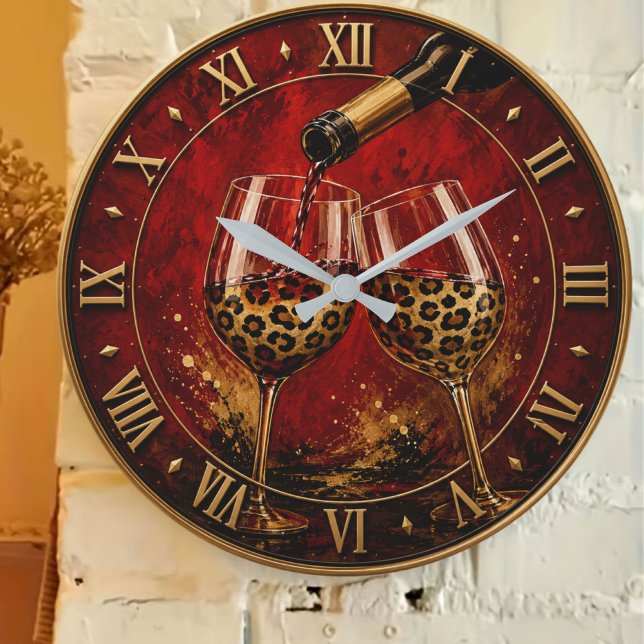 Luxury Wine Glasses & Gold Leopard Print Large Clock (Creator Uploaded)