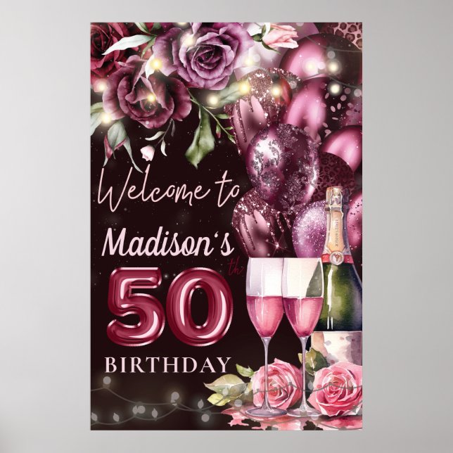 Luxury Wine Magenta 50th Birthday Welcome Sign (Front)