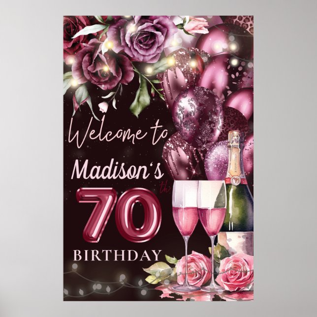 Luxury Wine Magenta 70th Birthday Welcome Sign (Front)