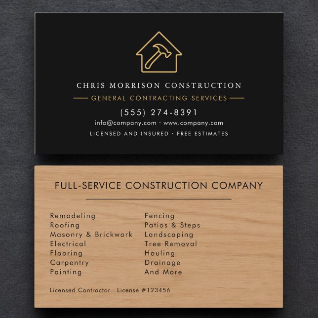 Luxury Wood Grain Black Gold Construction Business Card (Creator Uploaded)
