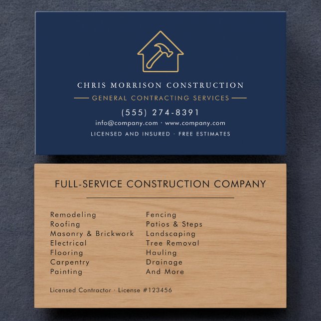 Luxury Wood Grain Navy Blue Gold Construction Business Card (Creator Uploaded)