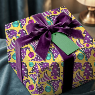 Luxury Yellow Whimsical Christmas Gnome Hats Wrapping Paper