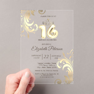 Luxuty Swirls Gold Tiara Sweet 16 Acrylic Invitations