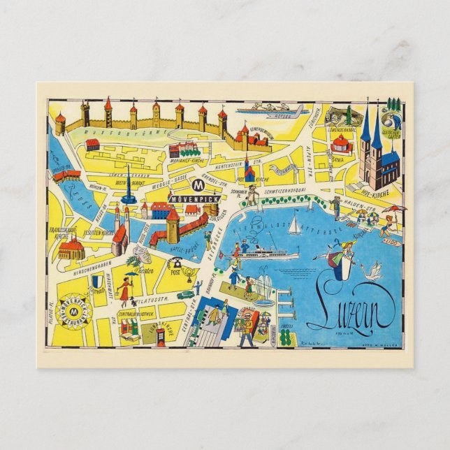 Luzerne Switzerland Colourful Map Postcard (Front)