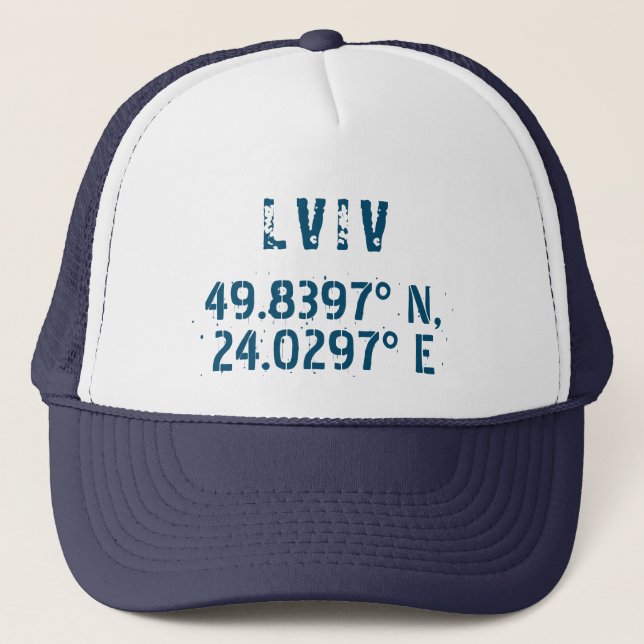 Lviv Ukraine Latitude & Longitude Distressed  Trucker Hat (Front)