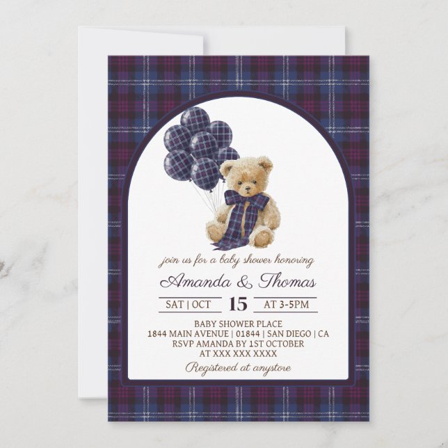 Lxury Bear Balloons Plaid Baby Shower Invitation (Front)
