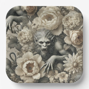 Lycanthropic Splendour – Gothic Werewolf Floral Paper Plate