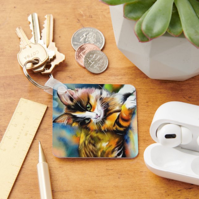 Lying tiger cat illustration | colorful style - key ring (Desk)