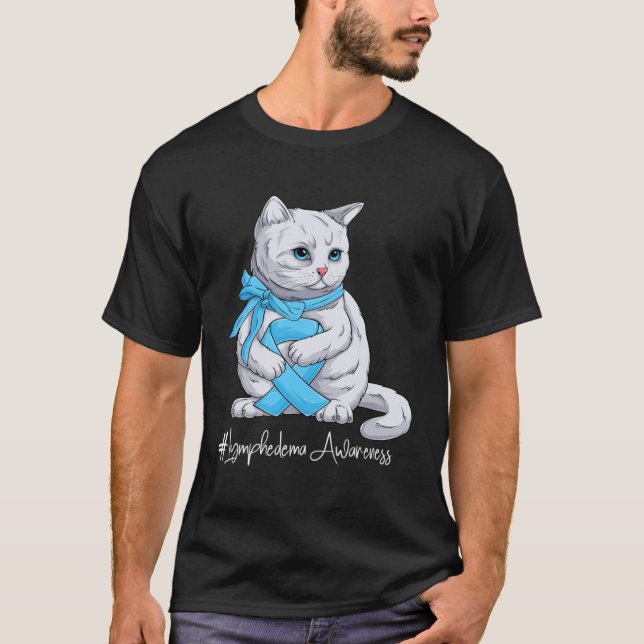 Lymphedema Awareness Month Light Blue Ribbon Cat T-Shirt (Front)