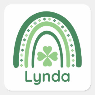 Lynda Name Clover Boho Rainbow Square Sticker
