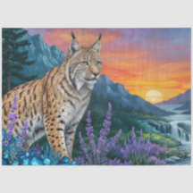 Lynx at sunrise by waterfall
