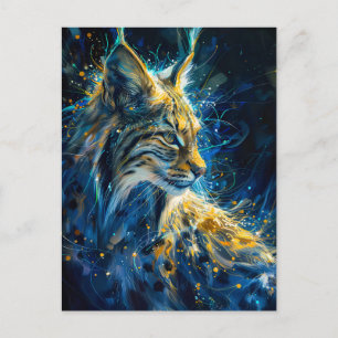 lynx bobcat bathed in blue yellowish neon light postcard