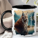 Lynx by Mountain Lake Reflection Mug<br><div class="desc">Experience the wild beauty of nature with the Lynx by Mountain Lake Reflection Mug. This stunning mug features a detailed image of a lynx sitting by a tranquil mountain lake, with the serene water reflecting the majestic cat and the surrounding wilderness. Customised with your name, it adds a unique and...</div>