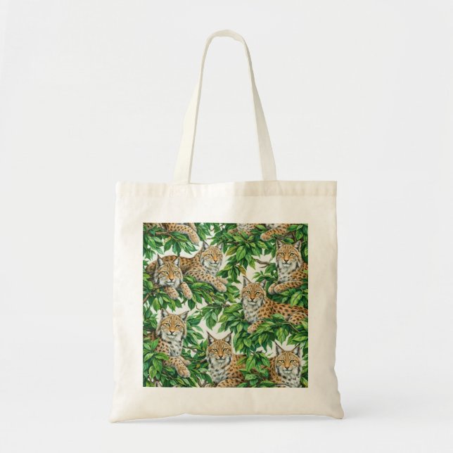 Lynx Cats in Lush Green Botanical Foliage Pattern Tote Bag (Front)