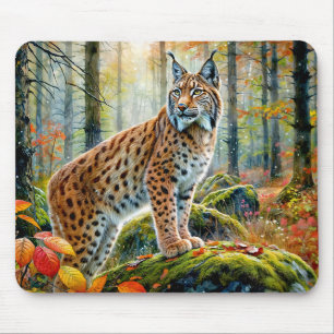 Lynx in Autumn Forest Watercolor Mouse Pad