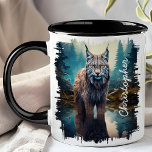 Lynx in Forest Lake Reflection Mug<br><div class="desc">Immerse yourself in the beauty of the wild with the Lynx in Forest Lake Reflection Mug. This captivating mug features a lifelike image of a lynx standing by a serene forest lake, with the tranquil water reflecting the majestic feline and the surrounding trees. Customised with your name, it adds a...</div>